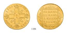 PAUL I. PETROVICH 1796-1801 ST. PETERSBURG MINT 5 Rubles, Au, 1801, 6,05 g Alexander Ivanov. Some friction hairlines. Choice about Uncirculated